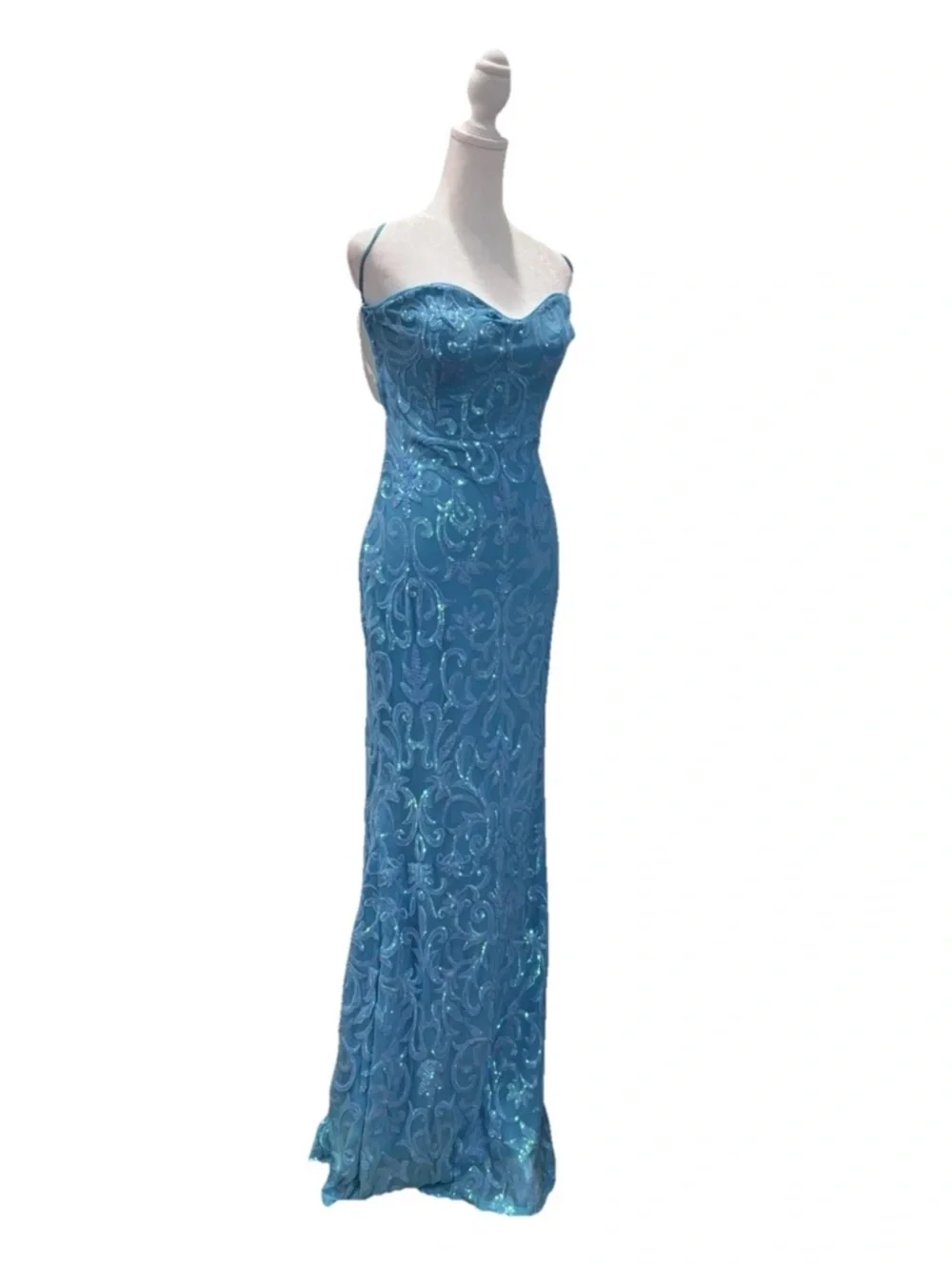 Aqua Blue Sequin Mermaid Gown Lace Up Back Formal Prom Dress Size XL - Picture 5 of 9